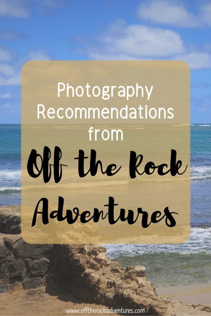 Beach with blue sky and broken rock wall front left with text overlay that says "Photography Recommendations from Off the Rock Adventures."