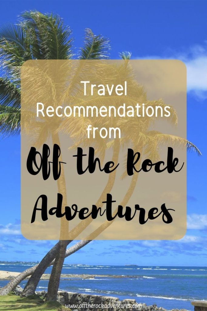 Three crooked palm trees with a blue ocean and sky background with text overlay "Travel Recommendations from Off the Rock Adventures.”